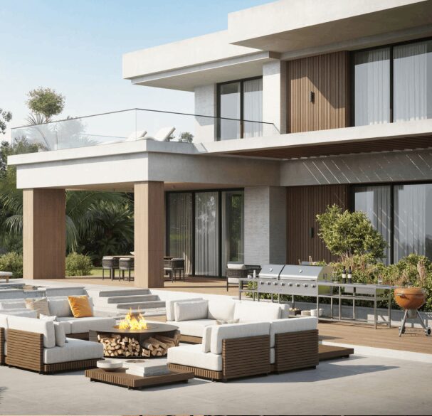 Modern luxury house with outdoor seating area.